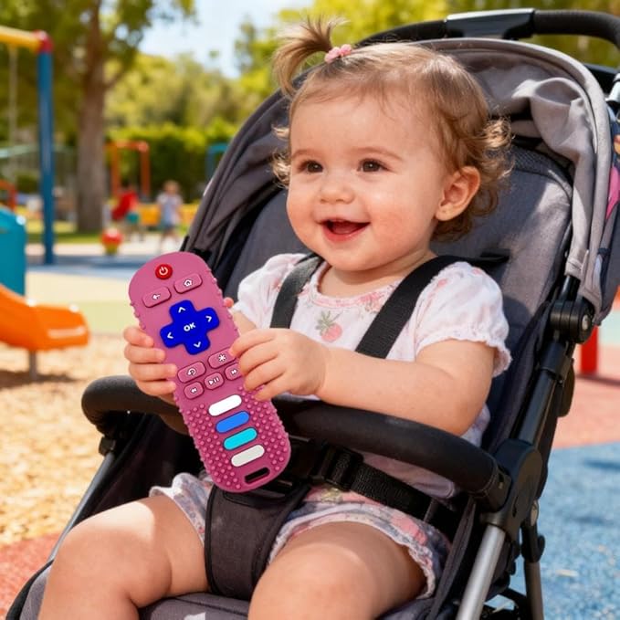 Baby Teething Toys-TV Remote Control Shape Silicone Infants Teething Toys for Babies 0-18 Months,BPA-Free (Pink)