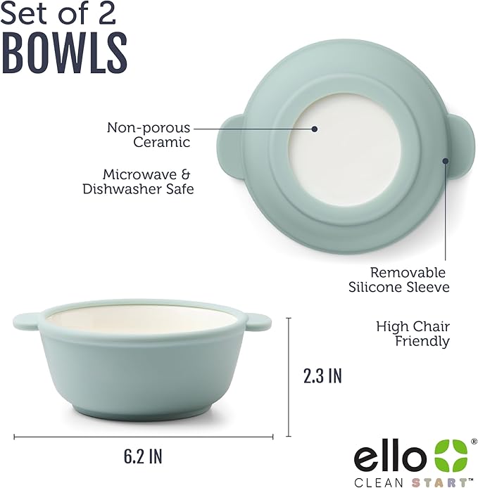 Ello Clean Start Toddler Bowls 2 Pack | Ceramic Kids/Baby Bowls with Silicone Sleeves | BPA-Free, Plastic-Free | Microwave & Dishwasher Safe | High Chair Friendly, Stackable | Dewdrop/Grayed Jade