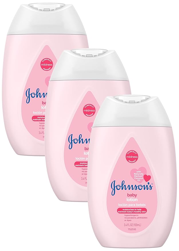 Johnson's Moisturizing Mild Pink Baby Lotion with Coconut Oil for Delicate Baby Skin, Paraben-, Phthalate- & Dye-Free, Hypoallergenic & Dermatologist-Tested, Baby Skin Care, 3.4 Fl. Oz (Pack of 3)