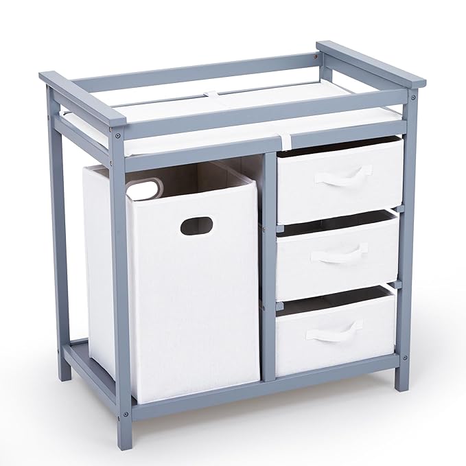 Wooden Baby Changing Table, Modern Diaper Changing Table, Infant Diaper Changing Station Dresser with Laundry Hamper, 3 Drawer Basket and Changing Pad