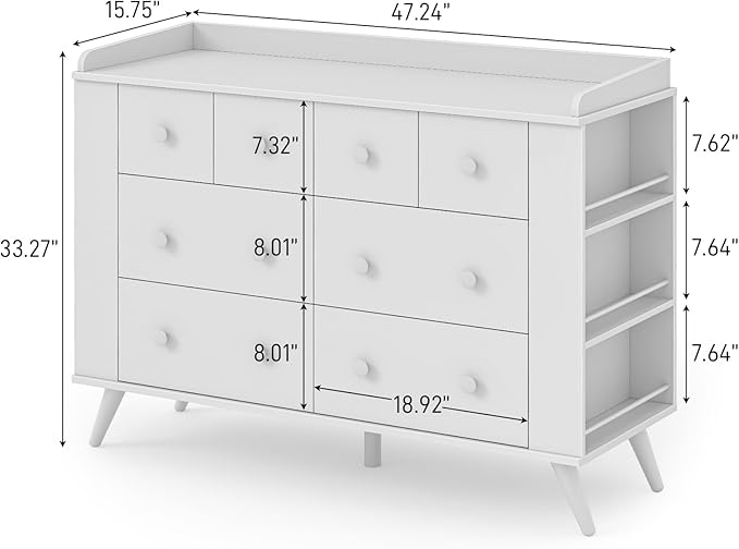 Vabches Kids Dresser Cabinet with 8 Drawers, Changing Table for Nursery, White Chest of Drawers with Open Shelving, Baby Dresser, Kids Bedroom Furniture, Nightstand for Child' s Room, White