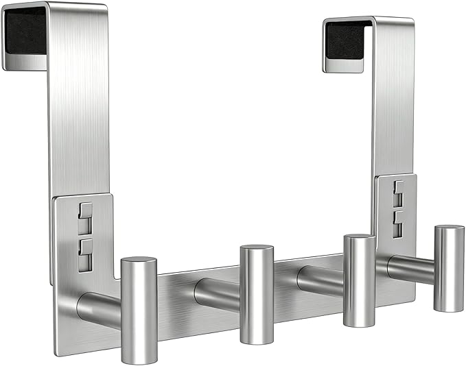 PMMASTO Over The Door Hooks, Fits 1-3/4" Thick Door No Drill Hooks for Closet Bathroom Bedroom Organization, Hanger for Coat Towel Robe (Silver, 4 T-Hooks)