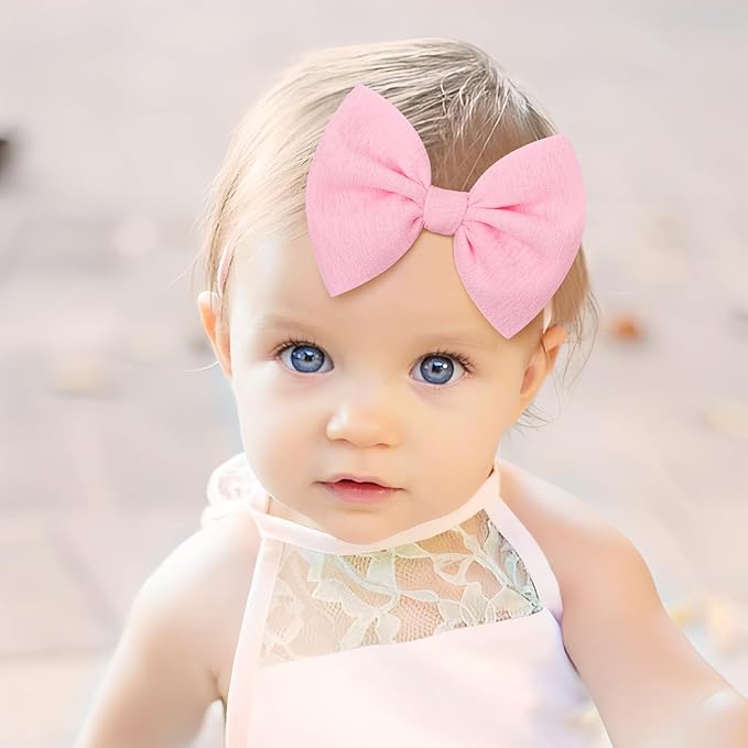 YanJie Baby Girls 4.5" Nylon Headbands, Handmade Hair Bows Hairbands Hair Accessories for Newborn Infant Toddlers Kids, 3 Pieces, Light Pink/White/Beige