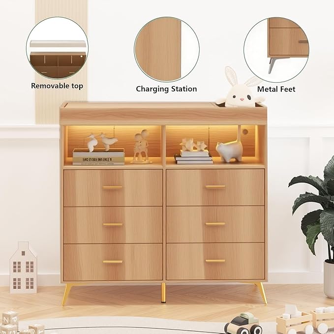 Baby Changing Table Dresser with 6 Drawers, Baby Nursery Dresser, LED Lights & Charging Station – Multifunctional Nursery Dresser with Removable Changing Top, Anti-Tip Design, Nature