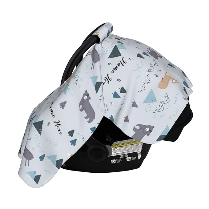 Personalized Deer and Bear Baby Car Seat Canopy for Babies with Name, Custom Car Seat Covers Boys Girls, Peekaboo Opening Minky Nursing Breastfeeding Cover Infant Car Seat Canopies for Newborn