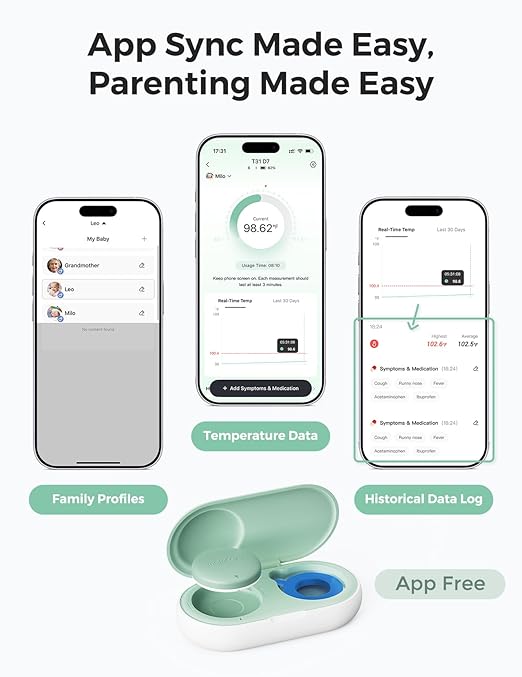 Momcozy Wearable Digital Thermometer for Baby, Medical-Grade Accurate Smart Thermometer, Instant Reads, APP Real-time Monitoring for Infants & Kids, Hypoallergenic 3M Stiker,Bluetooth, 180H Lasting