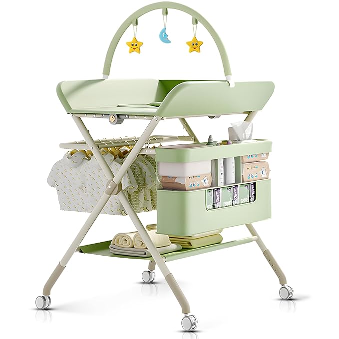 Changing Table, Portable Baby Changing Table with Wheels, Upgraded Foldable Diaper Changing Station with 5-Level Adjustable Height & Large Nursery Organizer Storage for Newborn Infant (Green)