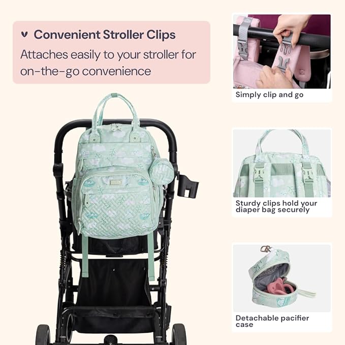 BabbleRoo Diaper Bag Backpack - Baby Essentials Travel Tote - Multi Function Water Resistant Diaper Bag, Travel Essentials Baby Bag with Changing Pad, Stroller Straps & Pacifier Case - Green Birdy | Baby Essentials, Travel Essentials, Baby Bag, with Ch...