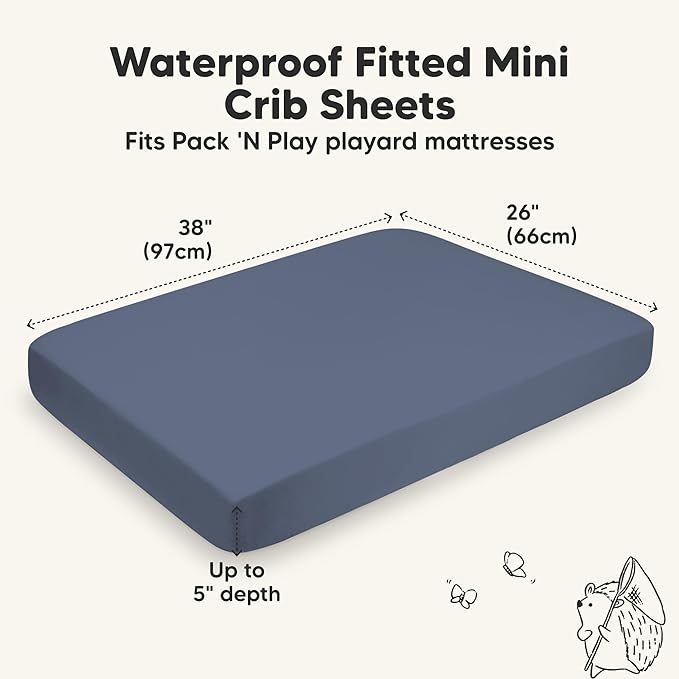 2-Pack Waterproof Pack and Play Sheets, Mini Crib Sheets Fitted for Boy, Girl - 38 x 26 Viscose from Bamboo Pack N Play Mattress Sheets for Graco, Toddler Playard Baby Crib Sheets Neutral(Maritime)