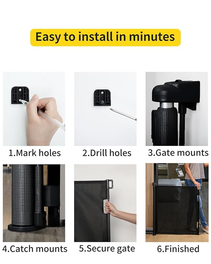Retractable Baby Gate for Stairs – 33” Height, Expands up to 55” Width – Safety Gate for Infants, Toddlers, Dogs & Pets – Easy Install, Secure Closure, Black Mesh Design for Indoor & Outdoor Use