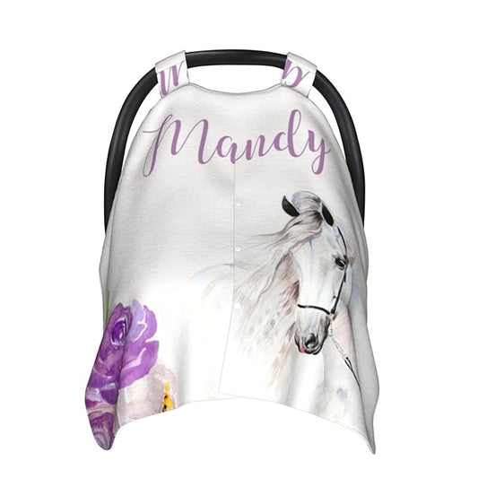 Personalized Baby Car Seat Canopy for Babies with Name, Custom Floral Purple Horse Stroller Car Seat Covers for Girls, Minky Nursing Carseat Cover for Breastfeeding, Car Seat Canopies for Newborn