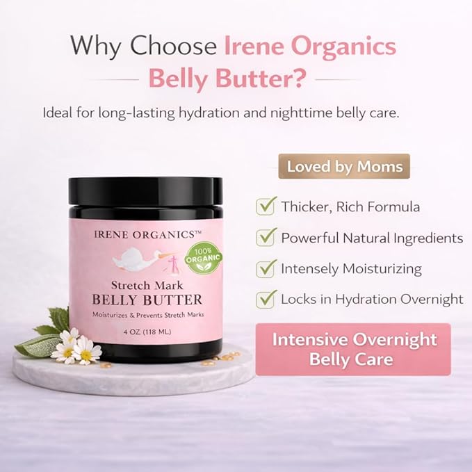 Organic Belly Butter for Pregnancy Stretch Mark Prevention and Treatment by Irene Organics - Award Winning Anti Stretch Mark Tummy Balm For Pregnancy and Postpartum 4oz - Hydrating Bump Cream