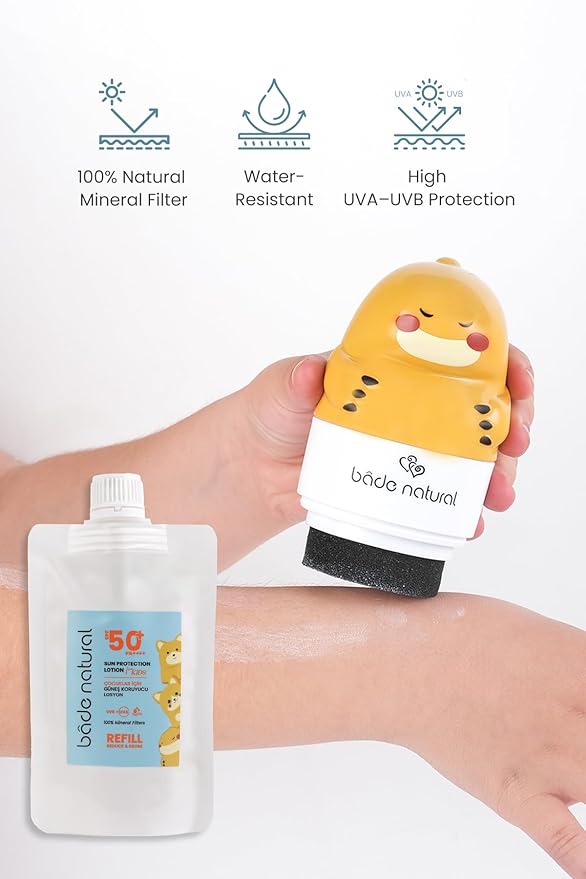 Bade Natural SPF 50+ Kids Sunscreen Refill Lotion – 100% Natural Mineral-Based Broad Spectrum Sun Protection with Zinc Oxide & Botanical Oils – Refillable Eco-Friendly Pack, 3.7 fl oz
