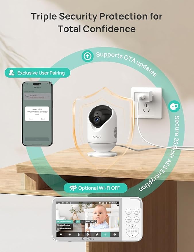 Dr.Care VistaView 5” Smart WiFi Baby Monitor with 2 Camaras - 2K Camera App Control & 1080P Split Screen, Cry & Motion Detection, Pan-Tilt-Zoom, HD Night Vision, Video Recording, Triple Security