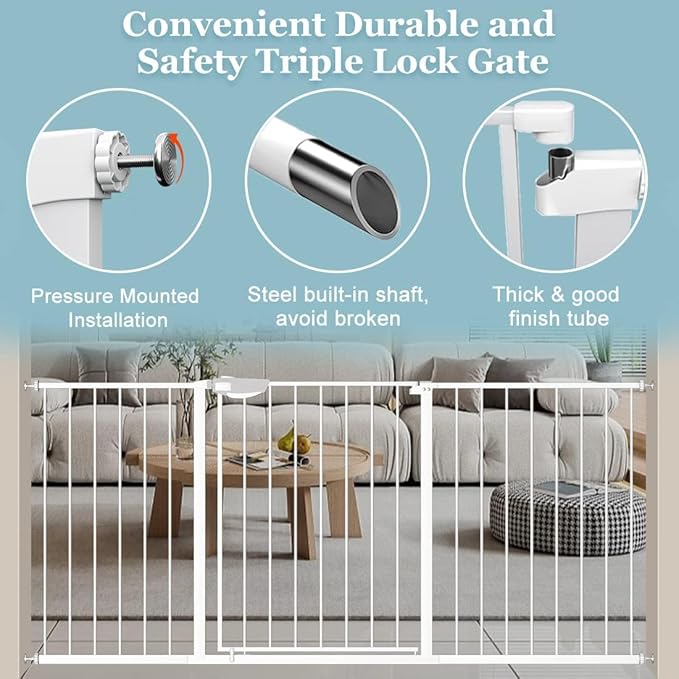 WAOWAO Triple Lock 68.11-75.98" Baby Gate Extra Wide Pressure Mounted Walk Through Swing Auto Close Safety White Metal Dog Pet Puppy for Stairs,Doorways,Kitchen