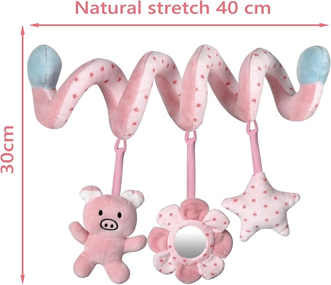 SAMMAS Car Seat Toys, Infant Baby Pink Pig Spiral Activity Hanging Toys Stroller Toys for Car Seat Stroller Bar Crib Bassinet Mobile with Mirror BB Squeaker and Rattles