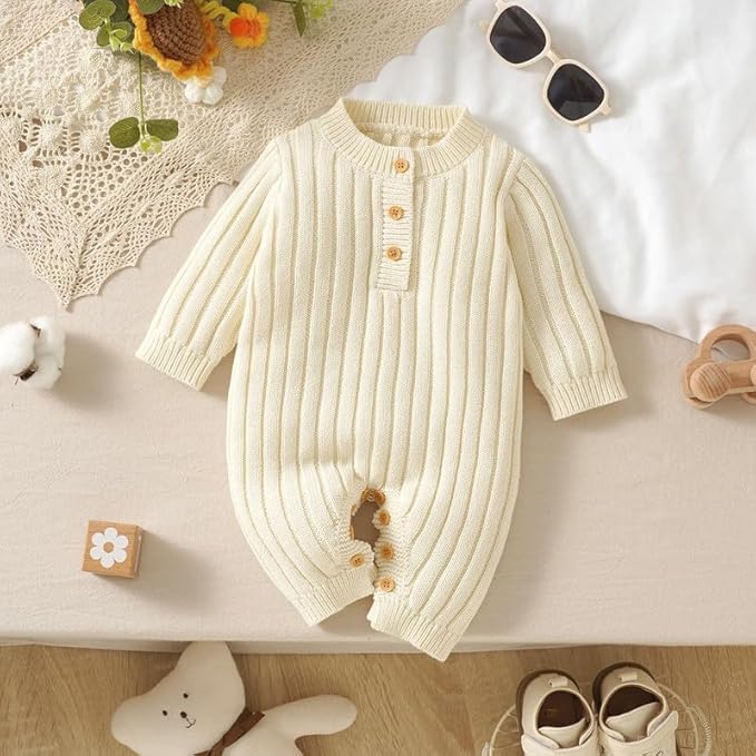 Neiwech Baby Boy Girl Romper Newborn Infant Knit Striped Solid Long Sleeve One Piece Jumpsuit Clothes