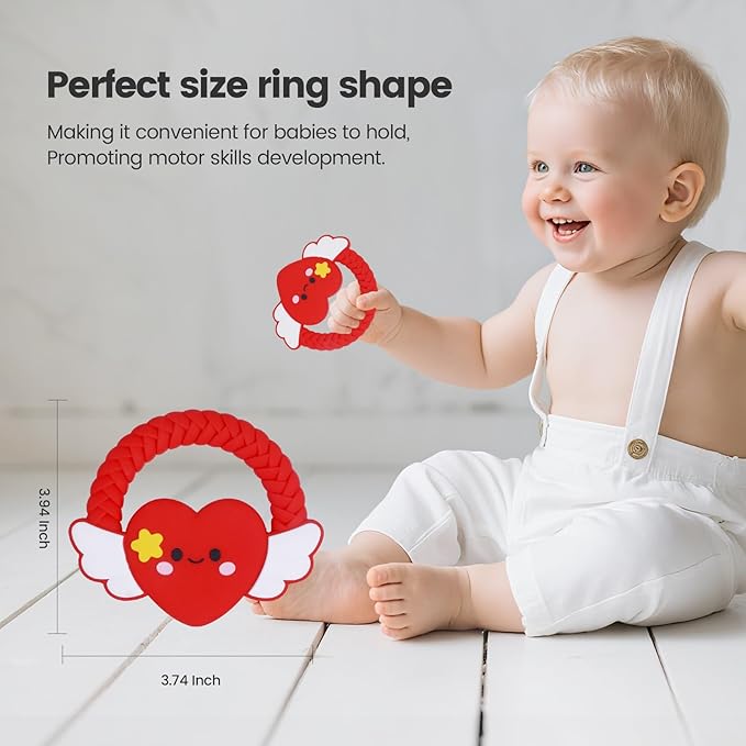 Silicone Baby Teether Ring Toy,Must Haves Teething Relief Chew Toys for 0-6,6-12 Months Boys and Girls,Newborns Essentials,Safe and Soft,BPA Free. (Red Heart)
