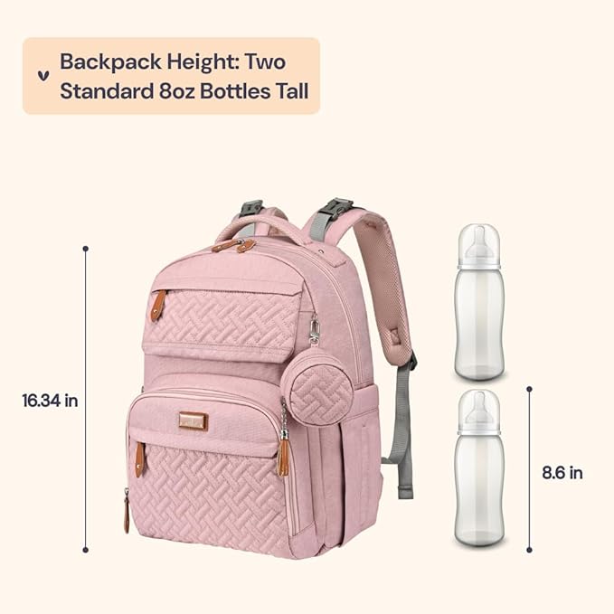 BabbleRoo Diaper Bag Backpack - Travel Large Baby Diaper Bag with Changing pad, Waterproof Baby Bags for Mom & Dad, Unisex Bags with Pacifier Case, Luggage Strap & Stroller Clips– Pink