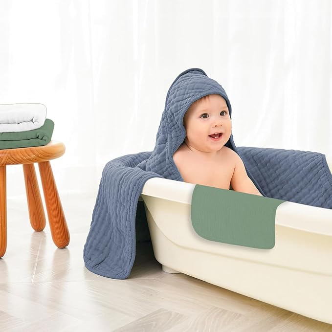 Soft Hooded Baby Towels for Newborn Babies 6 Pack 100% Cotton Muslin Baby Bath Towel with Hood, Absorbent Baby Bath Towels for Boys and Girls (Blue & Green & White)