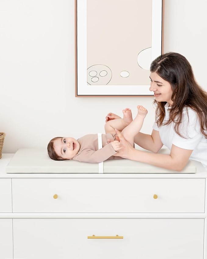 YACODAVO Wipeable Baby Changing Pad for Dresser and Table, Cozy Diaper Changing Pad with Waterproof & Wipe-Clean Leather Cover, Standard Size (31.5" L x 15.8" W), Off-White