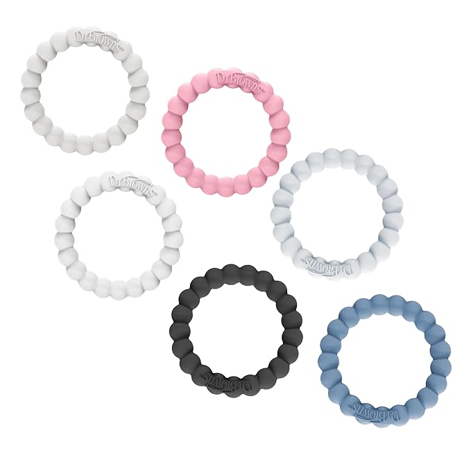 Dr. Brown's Flexees Beaded Baby Teether Rings,Soft 100% Silicone, 6 Pack, Blue & Pink Variety, BPA Free, 3m+