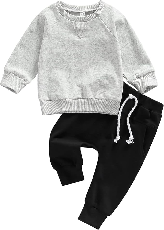 Toddler Baby Boy Clothes Solid Color Long Sleeve Crewneck Sweatshirt Top Casual Pants Set 2Pcs Fall Winter Outfits