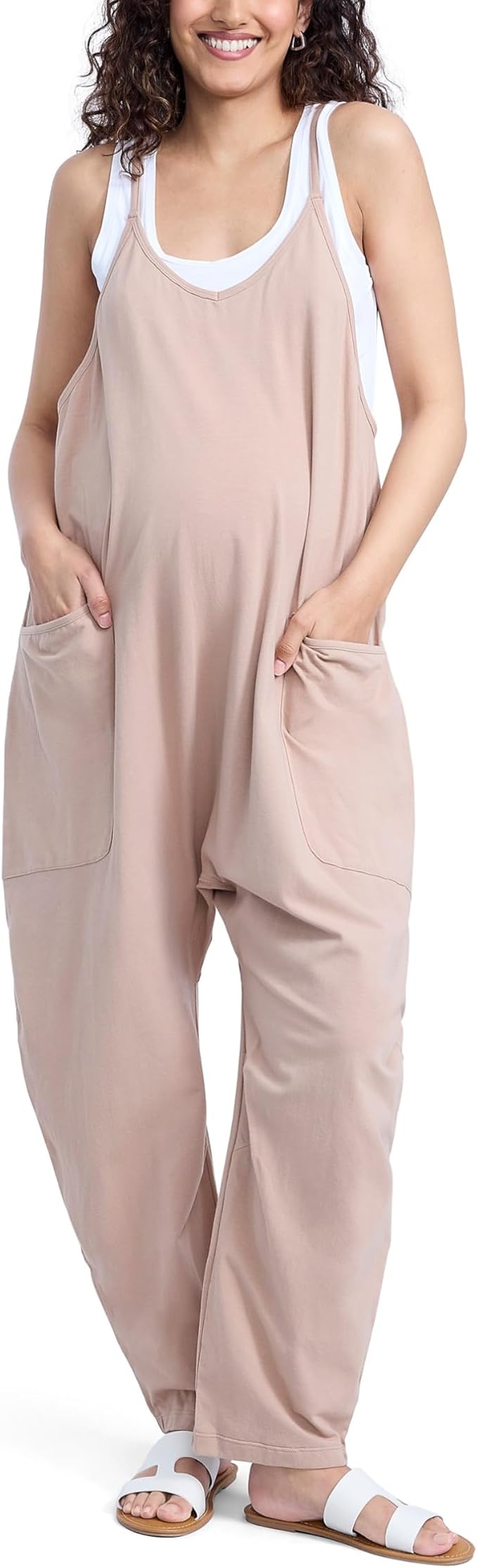 Motherhood Maternity womens Casual Baggy Sleeveless V-neck Pregnancy Romper Jumpsuit With Loose Spaghetti Straps and Pockets