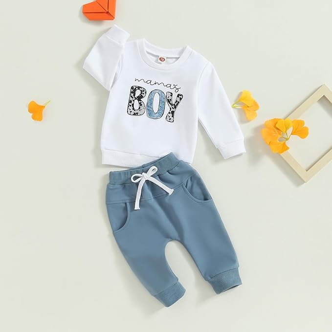ZAXARRA Toddler Newborn baby boys Fall Outfits Long Sleeve Letter Print Sweatshirt Tops Pocket Pants Casual Clothing Sets