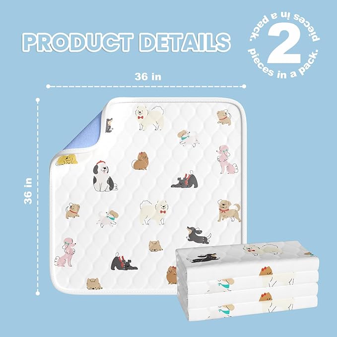2Packs Bed Wetting Pads for Kids & Toddlers, 36"x36" 5 Layer Waterproof Washable Pee Pads, Potty Training Mattress Protector, Absorbent Chuck Pads Non Slip for Bedwetting Kids, Hospitals, Pet (White)