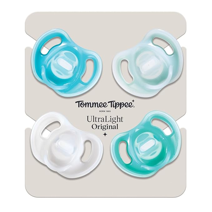 Tommee Tippee Ultra-Light Silicone Pacifier, 0-6 Months, Symmetrical One-Piece Design, BPA-Free Silicone Binkies, Blue/Green/Clear, Pack of 4