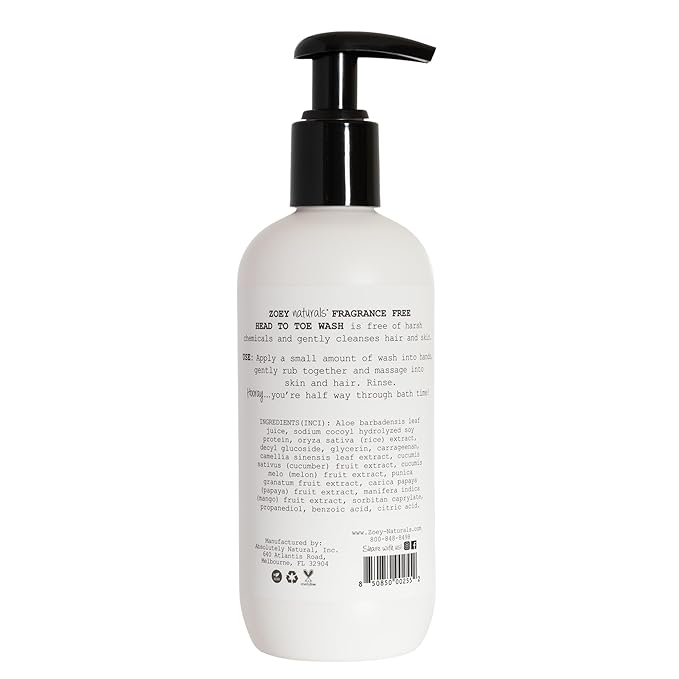 Absolutely Natural Zoey Naturals Fragrance-Free Head to Toe Baby & Toddler Wash – Tear-Free Body Wash and Shampoo with Gentle pH for Sensitive Skin – 9.65 oz