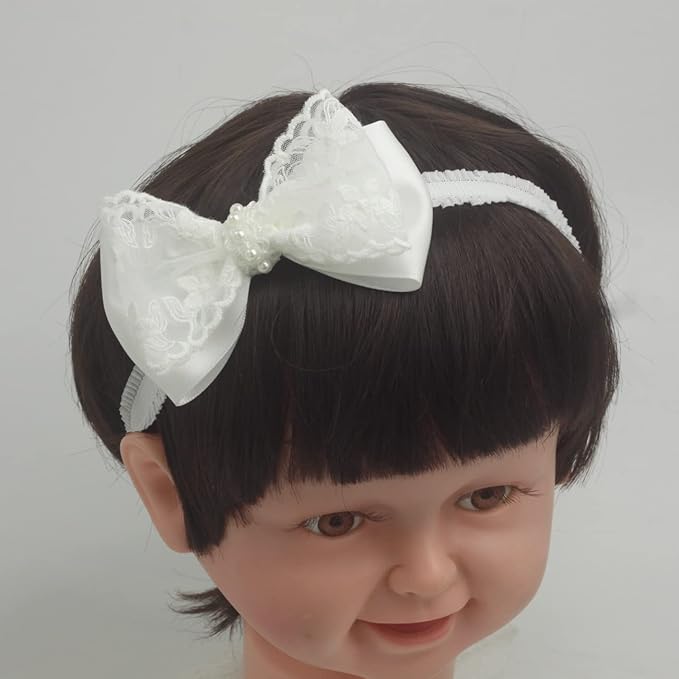 White Baby Bow Headband for Baptism Christening Satin Lace Hair Band with Cross for Toddler (Embroidery Lace +pearl white bow-3, 0-6 months)