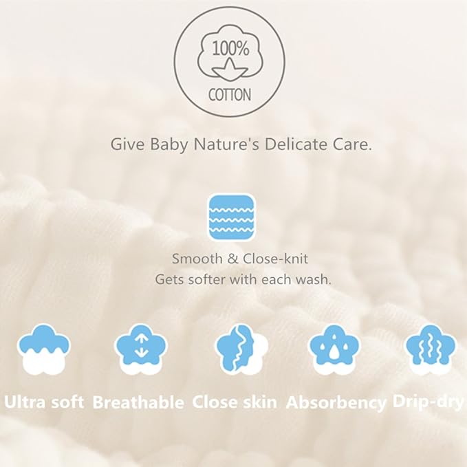 MUKIN Baby Washcloths - Natural Cotton Baby Wipes - Soft Newborn Face Towel and Washcloth for Sensitive Skin, Registry as Shower, 5 Pack 12x12 inches