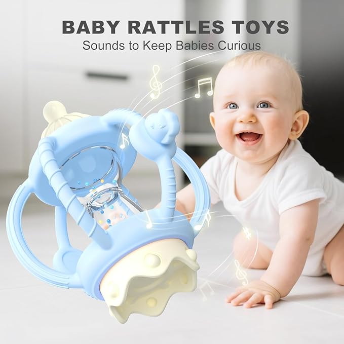 Teething Rattles for Babies 0-6 Months 6-12 Months, Silicone Rattle Teether with Pacifier, Baby Montessori Toys 6-18 Months, Infant & Toddler Molar Teething Relief, Boys Girls Essential Gifts (Blue)