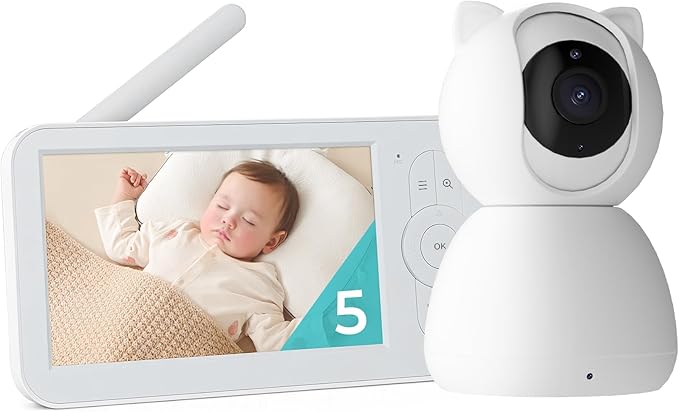 hazen No WiFi Baby Monitor with Camera and Audio, 5" Screen, 30-Hour Battery Life, Pan-Tilt-Zoom Camera, Night Vision, VOX, 2-Way Talk, 8 Lullabies, 1000ft Range, Baby Essentials, White