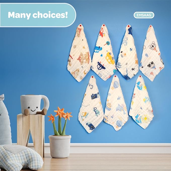 Muslin Baby Washcloths Baby Wipes Newborn Pack of 7-Car Patten, Absorbent Baby Bath and Face Towels for Newborn,100% Cotton,Burp Cloths,Feeding Towels for Babies and Infants,Reusable-10x10