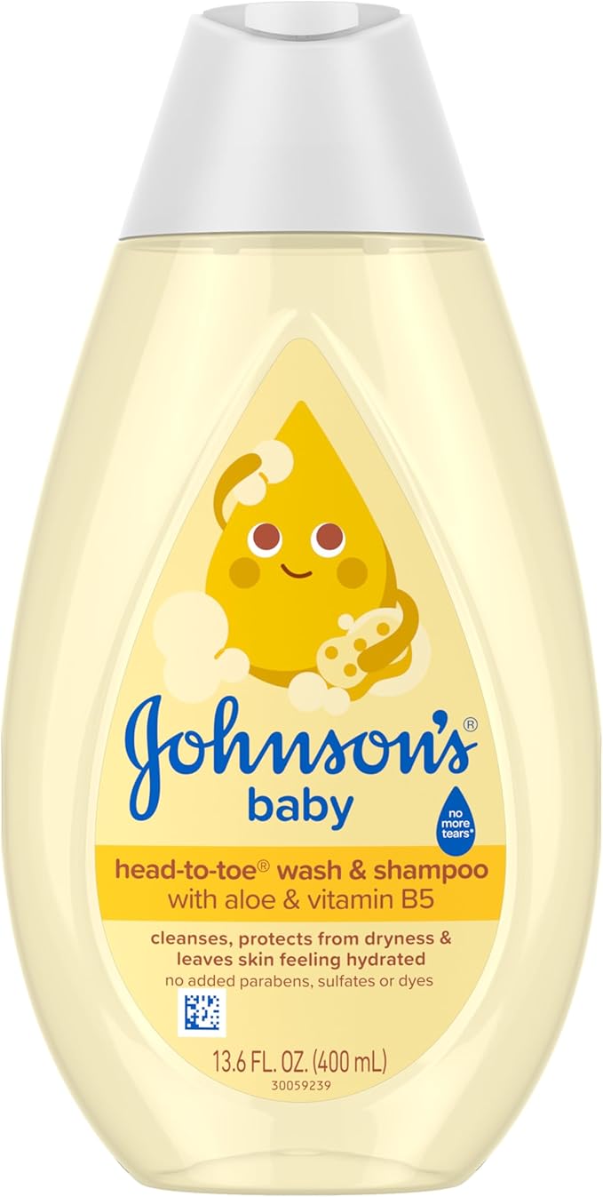 Johnson's Baby Head-To-Toe Baby Wash & Shampoo + Aloe & Vitamin B5, 2-in-1 Bath Wash Gently Cleanses Newborn's Delicate Skin & Hair, Hypoallergenic, No Added Parabens, Dyes & Sulfates, 13.6 fl. Oz
