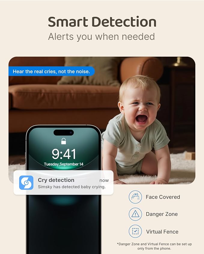 Simsky Split Screen Video Baby Monitor with 2 Cameras, Dual 4MP Cameras with 6X Zoom, 7" UHD Touch Screen Portable Audio Baby Monitor, App Remote Access 32GB Local Storage