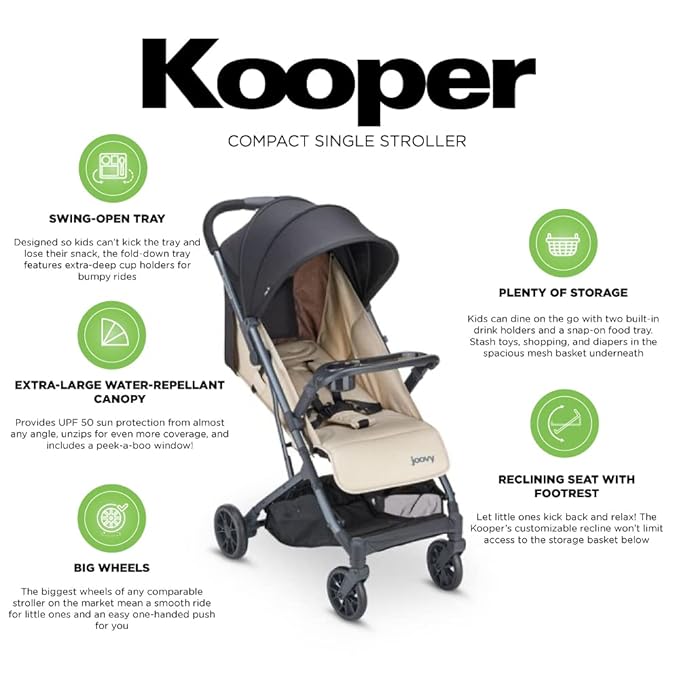 Joovy Kooper Lightweight Baby Stroller Featuring Removable, Swing-Open Tray, Big Wheels, Reclining Seat with Footrest, Extra-Large Retractable Canopy, and Compact Fold (Sand)