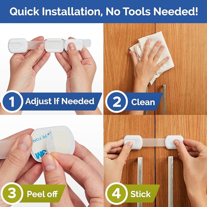Child Safety Strap Locks (4 Pack) Baby Locks for Cabinets and Drawers, Toilet, Fridge & More. 3M Adhesive Pads. Easy Installation, No Drilling Required, White