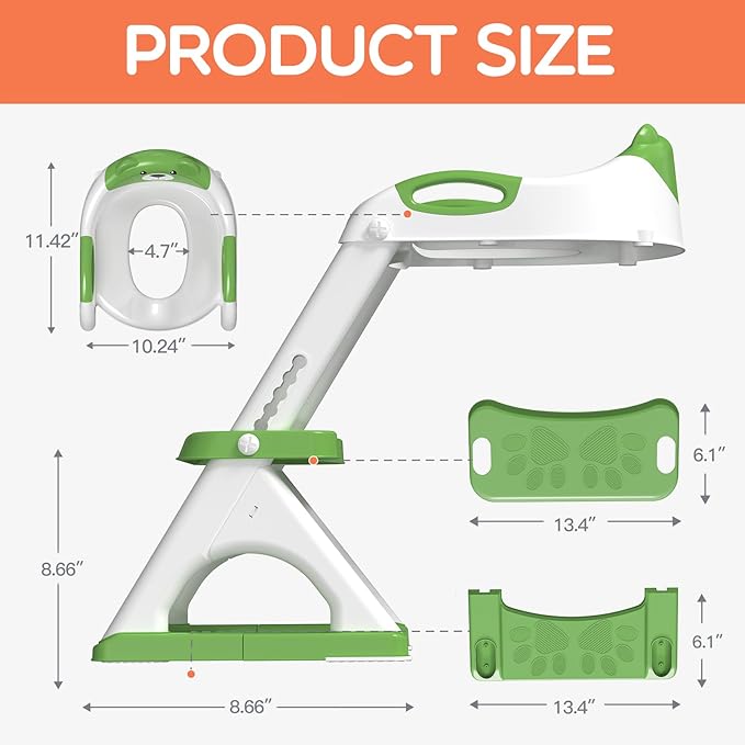 SKYROKU Potty Training Seat for Toddlers – 2-in-1 Adjustable potty ladder with Step Stool, Anti-Slip Cushion, Splash Guard & Extra-Wide Pedals, Supports 200+ lbs, Ideal for Boys & Girls (8899-Green)