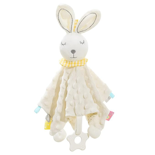 Zooawa Loveys for Babies, Security Blanket Soft Stuffed Animal Bunny Lovey Unisex Lovie Baby Stuff Snuggle Blanket with Tags Teether Bells, Soothing Plush Toys Baby Gift for Newborn, White Rabbit