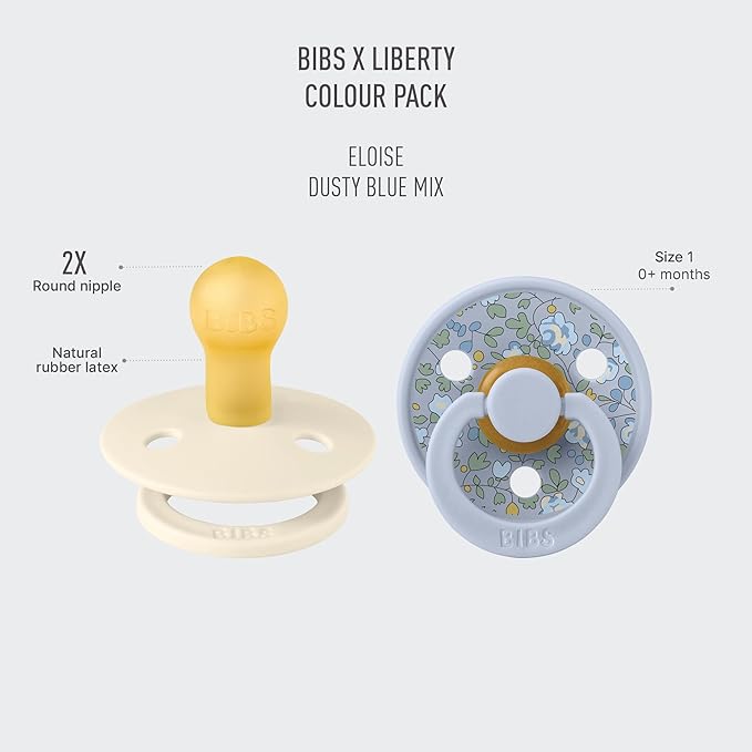 BiBS Liberty Pacifier 2-Pack, BPA Free Pacfiers with Natural Latex Round Nipple, Made in Scandinavia, Size 1 (0-6 Months), Eloise Dusty Blue