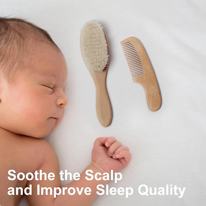 BumbleBee Newborn Baby Hair Brush & Comb Set - Wooden Brush with Soft Wool Bristles, Cradle Cap Brush for Boys, Girls & Toddlers, Sandwood