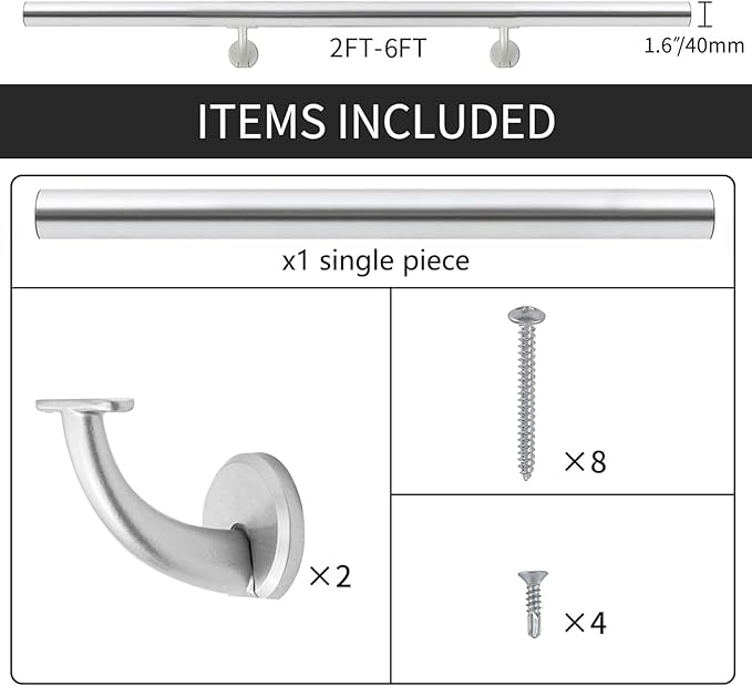 6FT Modern Aluminum Handrail Set, handrails for Indoor Stairs,Deck,Slope, Wall Mounted Staircase handrails, Zink Alloy Brackets Included,Rust Free. (Anodized Silver, 6 FT)