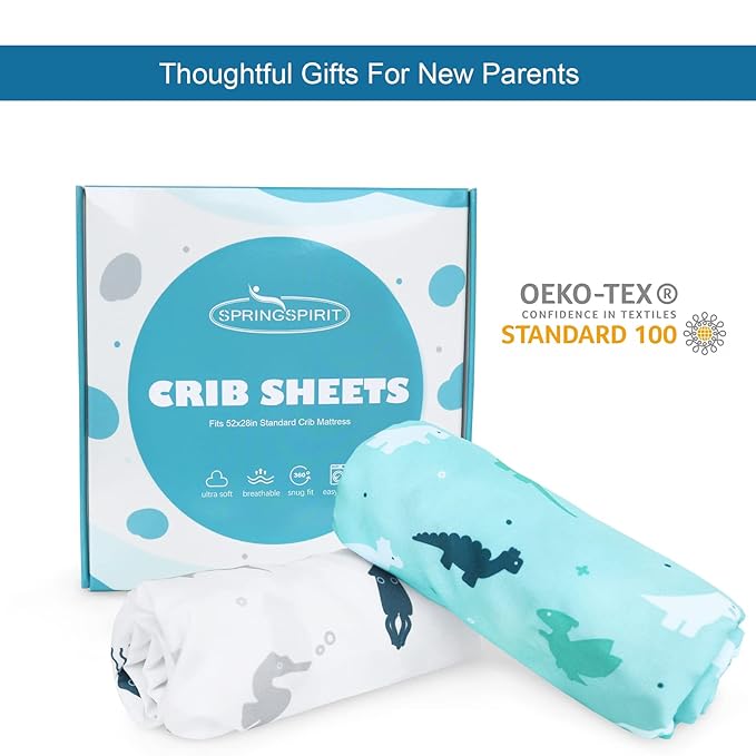 Crib Sheets for Boys or Girls 2-Pack, Fitted Crib Sheet 52'' x 28'' for Standard Crib & Toddler Mattress, Soft and Breathable Material, Baby Crib Sheets Neutral, Dinosaurs & Ocean