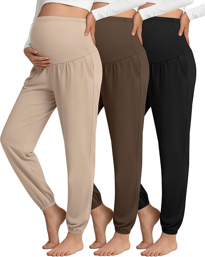 3 Pack Women's Maternity Pants Maternity Jogger Sweatpants Over The Belly Stretchy Pregnancy Pants with Pockets