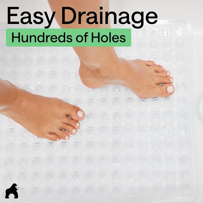 GORILLA GRIP Patented Square Shower Stall Mat, Small Bathtub Floor Mats for Stand Up Showers with Suction Cups and Drainage Holes, Machine Wash, Soft on Feet, Bathroom Accessories 21x21 Inch, Clear