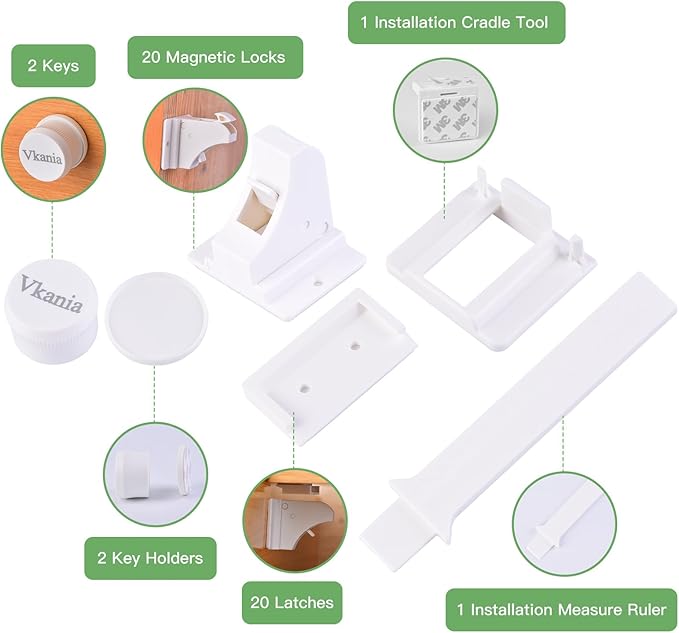 20-Pack Magnetic Child Safety Locks for Cabinets & Drawers - Baby Proofing Adhesive Lock, No Drill Easy Installation with 2 Keys (20 Locks + 2 Keys)
